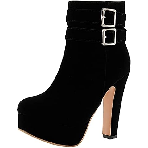 XIEWANG Women's Block Heel Solid High Heel Zip Buckle Ankle Boots (7, Black) Cover