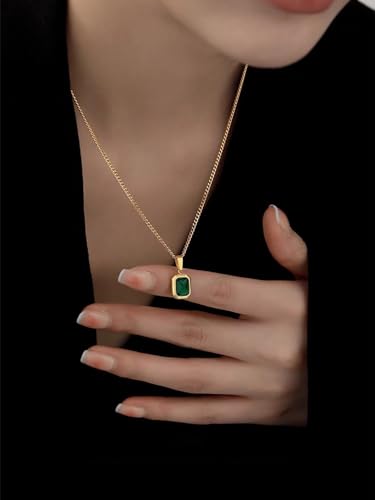 Q&D&S Emerald Necklace for Women， Birthstone Rectangle Princess Cut Charm Necklace，Blue Sapphire or Green Emerald Gemstone Pendant Necklace2