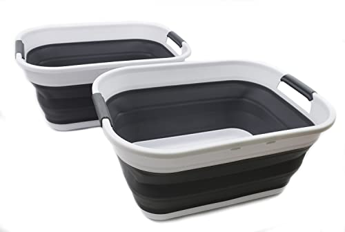 Image of SAMMART 17.5L (4.6 Gallon) Collapsible/Foldable/Pop Up/Portable Washing Tub/Storage Basket, Water Capacity 13.5L/3.5 Gallon (2, White/Grey (Set of 2))