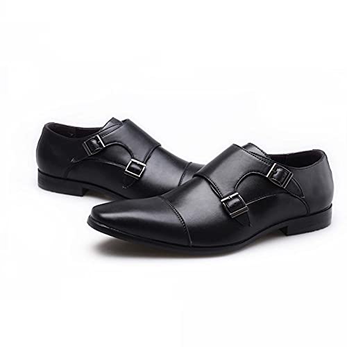 Pbnbp Leather Formal Dress Shoes For Men Monk Strap Double Buckle Almond Classic Business Shoes Low Top Flat Shoes Zapatos De Vestir Para Hombre Black thumb #1