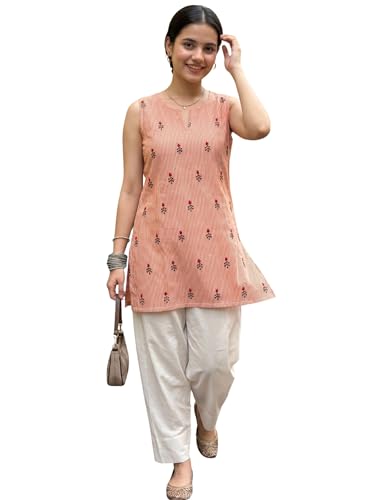 Image of Youthnic Women's Cotton Embroidered And Stripes Work Summer Wear Straight Kurti With farshi Salwar | Co Ord Set for Women Stylish | Office wear Kurta Set