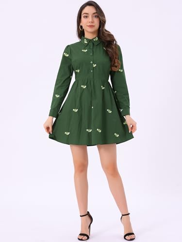 Image of Allegra K Women's Shirt Dress A Line Embroidered Floral Mini Dresses | Casual, Collar, Long Sleeve, Button Down, Half Placket, Invisible Zipper, Knee Length