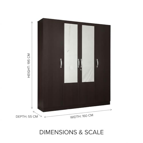 Image of HomeTown Willy Plus 4 Door Wardrobe Walnut (Brown)| Large Wooden Almirah for Bedroom Storage | 4 Door Closet Cabinet | Wardrobe Furniture India