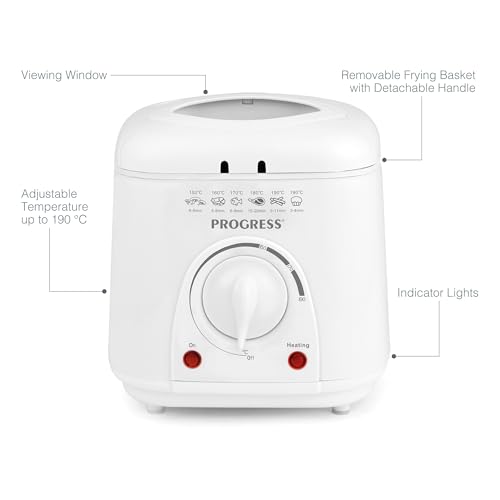 Progress EK2969P Electric 1L Mini Deep Fat Fryer - Removable Cooking Basket, Easy Clean, Non-Slip, Variable Temperature Control To 190°, Non-Stick Oil Tank, Detachable Handle, Countertop Chip Pan