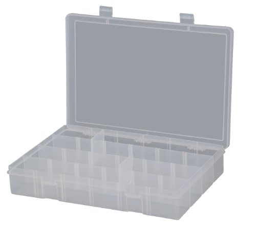 Image of Durham LPADJ-CLR Polypropylene Large Adjustable Compartment Box, 9 inch Length x 13-1 /8 inch Width x 2-5 /16 inch Height, Clear
