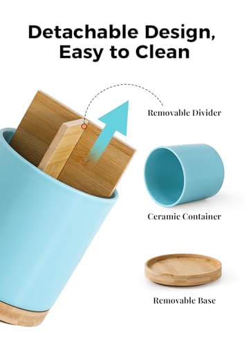 Image of LoeJan 3 Compartment Utensil Holder, Extra Large Utensil Crock, Stable Ceramic Utensil Organizer, Cooking Tool Organizer Set for Kitchen Counter Farmhouse Decor, Turquoise