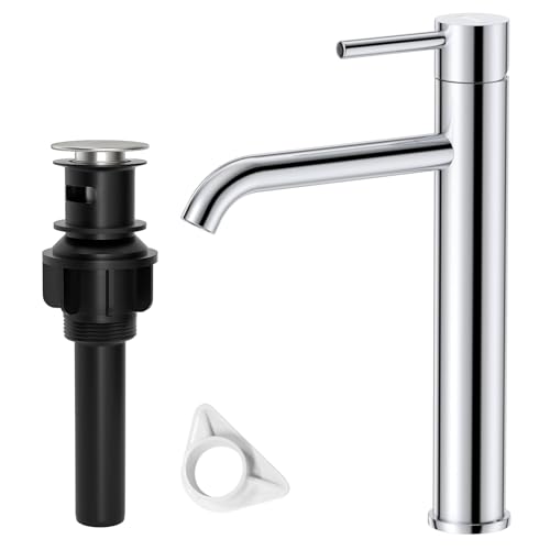 DAYONE Tall Basin Taps with Pop Up Waste, Chrome High Rise Bathroom Sink Tap for Countertop Basin, Single Lever Bathroom Tap with Drain, Cloakroom Faucet with Hot & Cold Hoses, SUS304 Stainless Steel