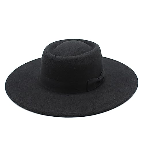 VASANA Black Classic Wide Brim Fedora Flat Top Hat with Bow Belt ...