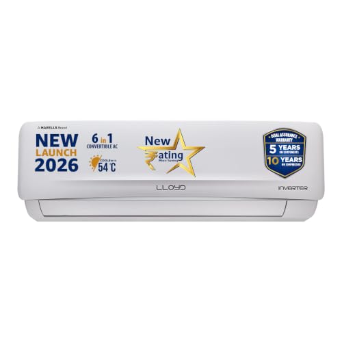 Image of Lloyd 2 Ton 3 Star Inverter Split AC, 2026 New Star Rated (6 in 1 Convertible, Cools Up To 54C, DG Mode, Ice Clean, Smart 4 Way Swing, Installation Check, White with Silver Deco Strip, GLS24I3GGCSR)