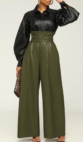 Women's Faux Leather Wide Leg Pants High Waist Side Zipper Baggy PU Leather Pants Party Club Trousers with Belt3