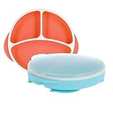 Nuby Silicone Round Suction Plate with Lid - Dishwasher-Safe Baby and Toddler Plate - 6+ Months - Aqua and Coral - Back to School Essentials