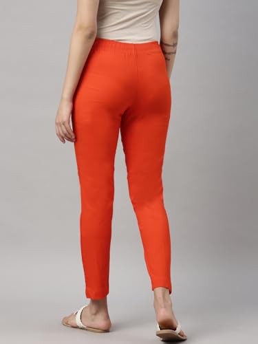 Image of MINELLI Women Solid Cigar Pants, Cotton Lycra Slub Fabric, Elasticated Waistband, Pull On Style, Regular Fit Bottom Wear for Western and Ethnic Wear