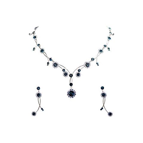 Faship Gorgeous Navy Blue Rhinestone Crystal Floral Necklace Earrings Set - Navy Blue Cover