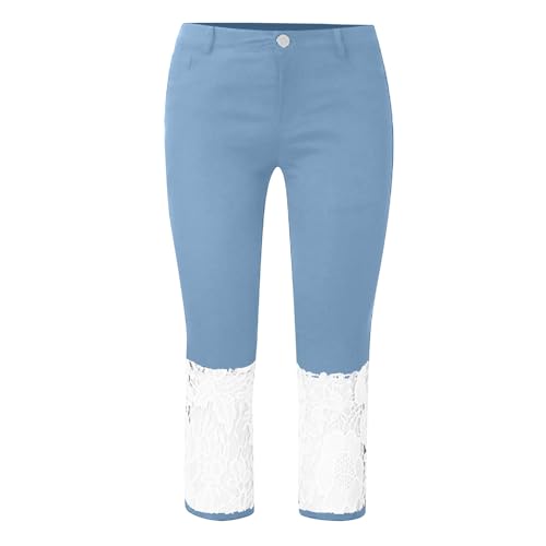 Womens Lace Hem Denim Capri Leggings w/Pockets,High Waist Skinny Stretchy Capri Jeans Tummy Control Jeans Crop Pants3
