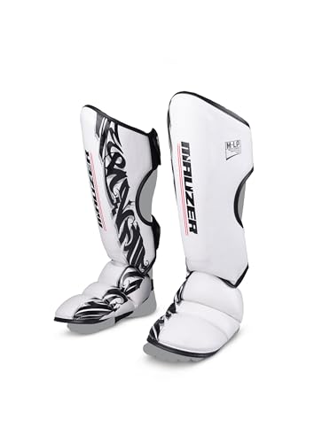 Image of MAUZER Muay Thai MMA Shin Guards with Instep Foot Protection High Density EVA Padding Adjustable Velcro Straps Synthetic Leather Kickboxing Guards (White and Black, Small)