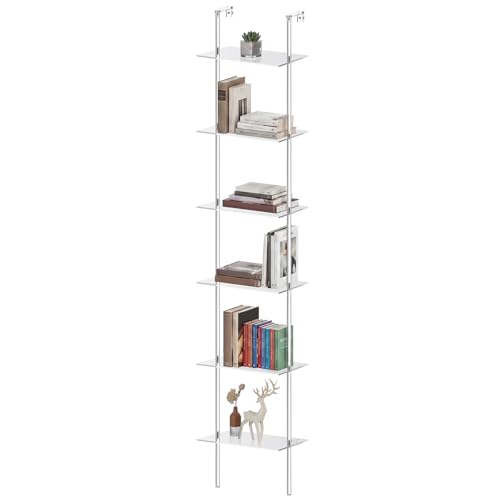Beeveer 6-Tier Acrylic Ladder Bookshelf Clear Wall Mounted Book Shelf 9.5 D x 15.6 W x 86 H Shelf Sturdy Open Display for Living Room Bathroom Office