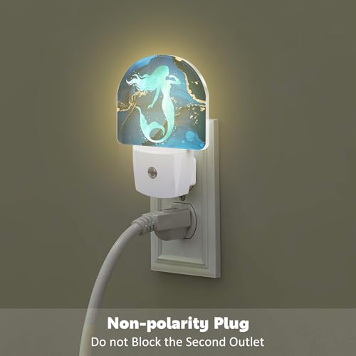 Image of Watercolor Turquoise Mermaid Night Light for Kids,Navy Blue Golden Marble Night Light Plug in with Dusk to Dawn Sensor,0.5w Energy Saving Nightlight for Hallway Stairway Kitchen Bedroom