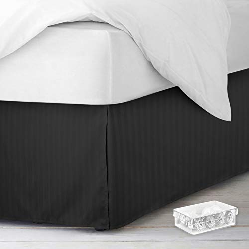 Image of Nestl King Bed Skirt - Damask Dobby Stripe Wrap Around Bed Skirt King Size - Double Brushed Microfiber 14 in Tailored Drop Pleated Bed Ruffle with Bed Skirt Pins - Black