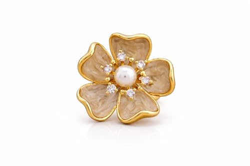 Designer Enamel Flower Gold Plated Ring with Pearl and American D...