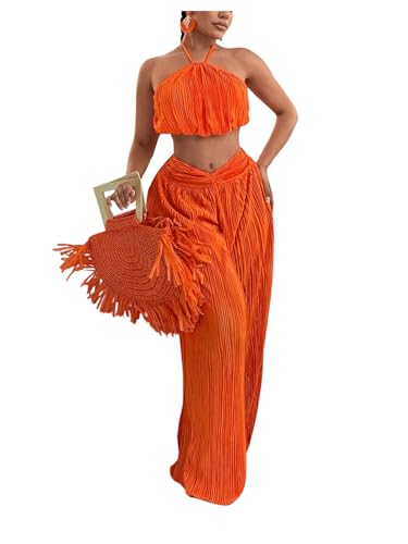 Floerns Women's 2 Piece Outfit Halter Neck Crop Cami Top with Twist Front Pants Set Orange X-Small