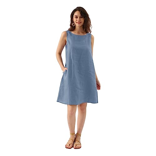 Amazhiyu Leinenkleid Damen, Ärmellos Sommerkleid Strandkleid A Linien Damenkleider Sommer Kleider Midikleid Knielang Rundhals Freizeitkleid Mit...