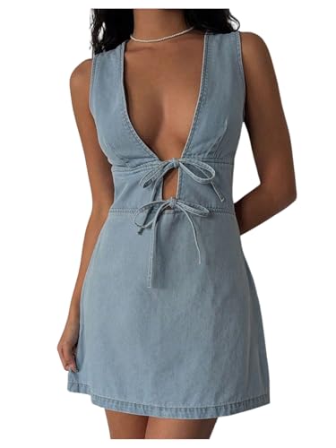 SOLY HUX Women's Denim Mini Dress Deep V Neck Bow Tie Front Sleeveless A Line Summer Jean Dresses