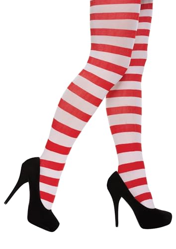 FASHION I LOVE Adult Christmas Red and Green Striped Tights Womens Elf Costumes Accessories for Christmas Full Footed Stripey Elf Tights (UK Alpha One Size Regular Regular Red and White)