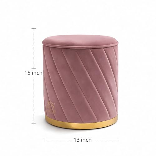Image of ENIQE STORE Premium Velvet Ottoman Stool | Modern Round Pouffe with Gold Base | Multipurpose Seating | Living Room & Bedroom Decor (Pink Set of 2)