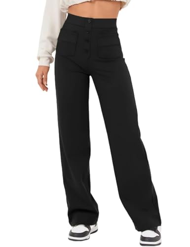 Flygo Womens High Waisted Multiple Pockets Straight Leg Flexipants Stretchy Work Trousers Button Down Casual Pants