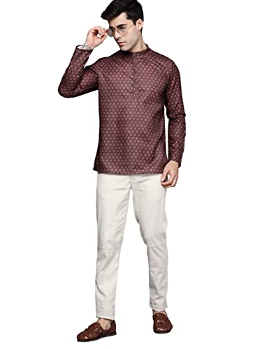 Image of Manyavar Men's Viscose Blend Floral High Neck Short Kurta (1pc)