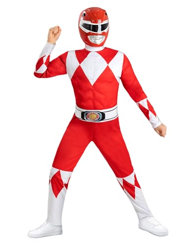 Funidelia Disfraz Oficial Power Ranger Rojo para niño, Incluye mono, cinturón y media máscara, Superhéroes - Traje para niños para fiestas, Carnaval y Halloween - Talla 7-9 años