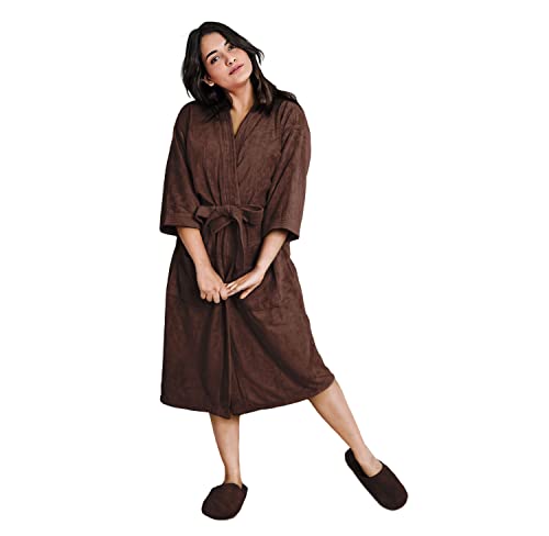 Image of Sassoon Venir Microfiber Bathrobe with Slippers for Men & Women, Unisex Luxury Bathrobe Towel, Spa Robe Combed (Pack of 1) - Cocoa Color
