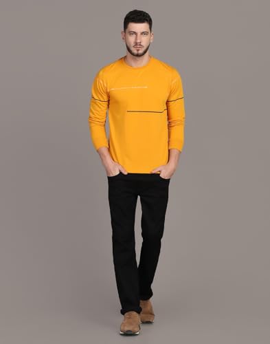Image of INKKR Striped Men's Round Neck Mustard Full Sleeve T-Shirt