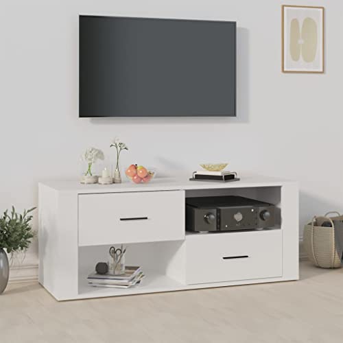 FIRBNUS Mueble para TV 100x35x40 cm Muebles De Salon Mueble TV Salon Mueble Television Mueble Salon Moderno Mueble TV Madera Mueble TV con Cajones Madera contrachapada Blanco Compartimentos