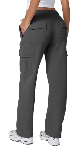 Image of QINSEN Baggy Medium Waist Elastic Sweatpants for Womens Casual Long Fleece Cargo Pants with Pockets