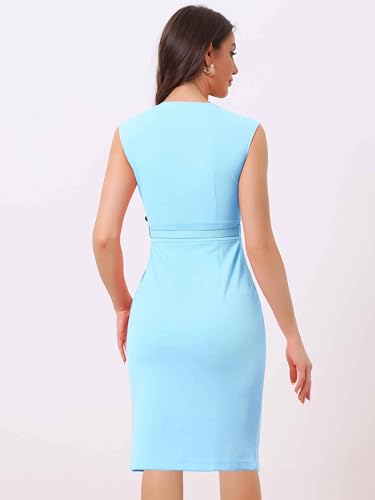 Image of Allegra K Sheath Dress for Women's Wrap V Neck Business Office Belt Sleeveless Pencil Dress