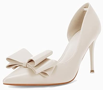 Womens Bow Heels Closed Pointed Toe Dress Shoes Stiletto Slip on Wedding Pumps White | Image 1
