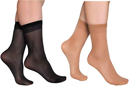 10 Pairs Women's Nylon Ankle High Tights Hosiery Sheer Socks, Black and Beige, Medium