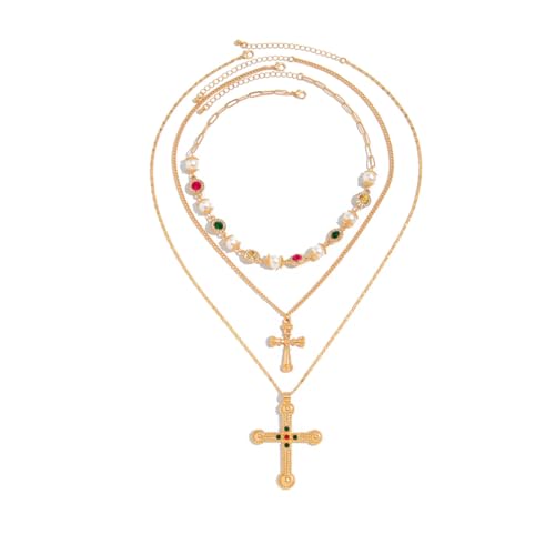 Cross Pendant Necklace Set For Women Gold/Silver Chunky Cross Necklaces Set Layered Pearl Colorful Beads Cross Pendant Necklace Fashion Y2k Jewelry For Women