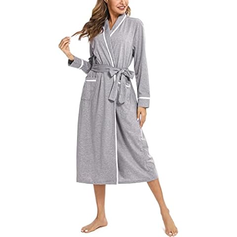 Uniexcosm Ladies Dressing Gown Soft Bathrobe for Women Cotton Knit Long Robe V Neck Kimono Robes Sleepwear Loungewear Lightweight Housecoat Nightgown Grey Cover