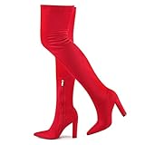 Wsheliu Thigh High Boots Women Red Boots Pointed Toe Chunky Heels Over The Knee Boots Stretch High Heel Boot Sexy Side Zipper Winter Boots Size 10 CN 42