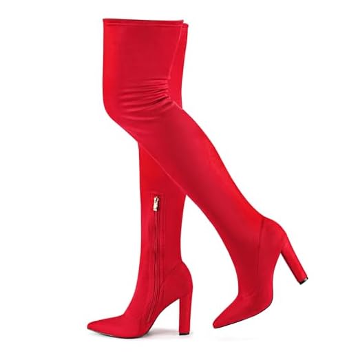 Botas femininas de inverno acima do joelho, salto grosso, botas de cano alto, botas longas com zíper lateral, Camurça sintética vermelha, 10