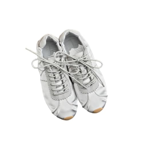 Tenis de ballet JCVBN de satén con panel de gamuza de vaca y suela suave para mujer, plata