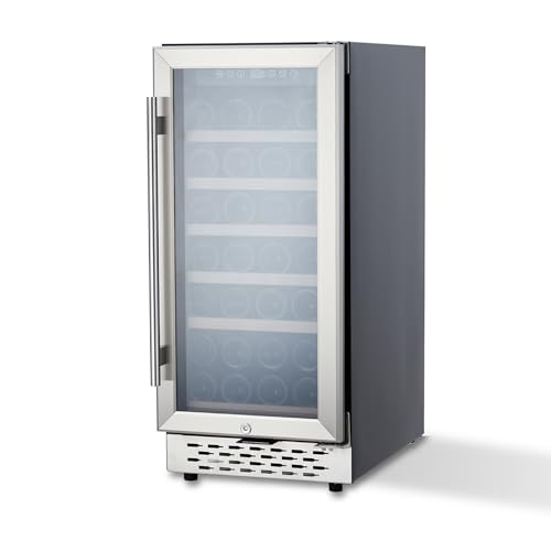 Image of 15 Inch Dual Zone Wine Cooler Refrigerator, 28 Bottle Mini Fridge, Digital Temperature Control with Lock, Freestanding Beverage Refrigerator, Glass Door, Quiet Small Wine Cellar, LED Display