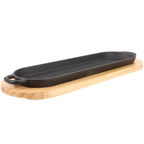 Toyvian Plancha para Asar de Hierro Fundido Doble Oreja 40x15 Cm Color Negro con Base de Madera para Hogar y Restaurante Plato para Freír Carne y Barbacoa Antideslizante