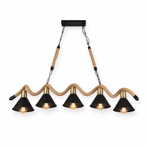 Lampadario a Sospensione 5 Luci Stile Industriale con Corda in Canapa, Attacco E27 (lampadine non incluse), Paralumi Metallo Nero e Ottone, Lampadario Rustico per Cucina Sala da Pranzo Pub