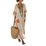 Vestidos Largos Verano Mujer Lino Elegante Kaftan Boho Chic Vestido Suelto Cuello en V Maxikleid Frescos Vacaciones Playa Luftige Ropa Casual Midi Dress Mit Taschen Talla Grande 2026 (S,A02)