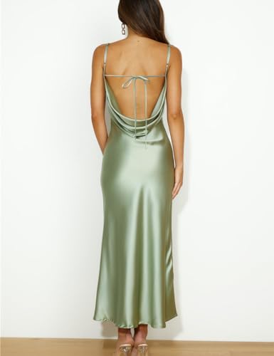 Image of Summer Satin Spaghetti Strap Cowl Neck Backless Midi Dresses for Women Elegant Tie Low Back Ruched Cocktail Dress