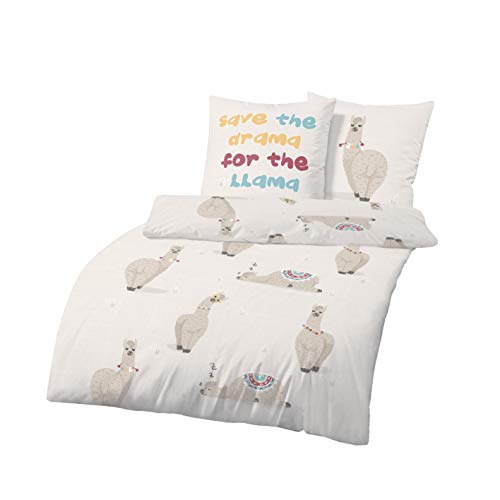 Träumschön Lama Juego de Ropa de Cama de 2 Piezas de Calidad Funda de Cama de 100% algodón, edredón 135 x 200 cm, Funda de Almohada de 80 x 80 cm Ropa de Cama Infantil Beige Arena