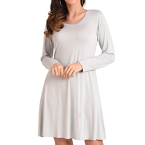 Miss Lavish London Women's Long Sleeve Dress - Round Neck Casual Loose Fit Swing T-Shirt Dress with Pockets Cool Grey-M